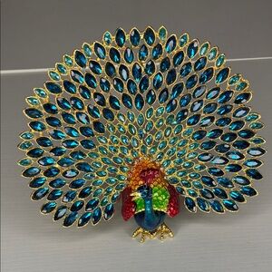 Jeweled Decorative Peacock Trinket Box - Multicolor Gold Accents